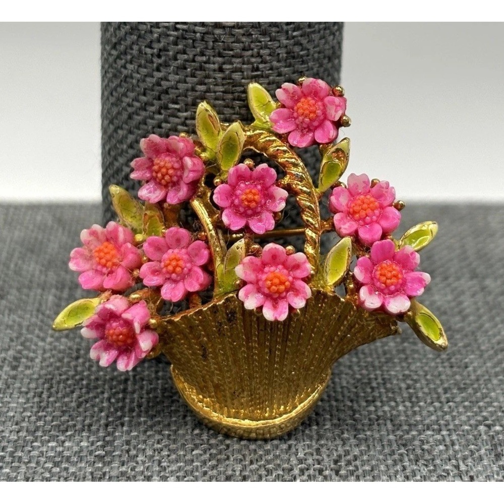 Vintage ART Arthur Pepper Flower Basket Brooch Pink Enamel Floral Pin Mod